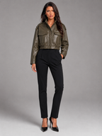 Women's short faux leather utility jacket with a mandarin collar