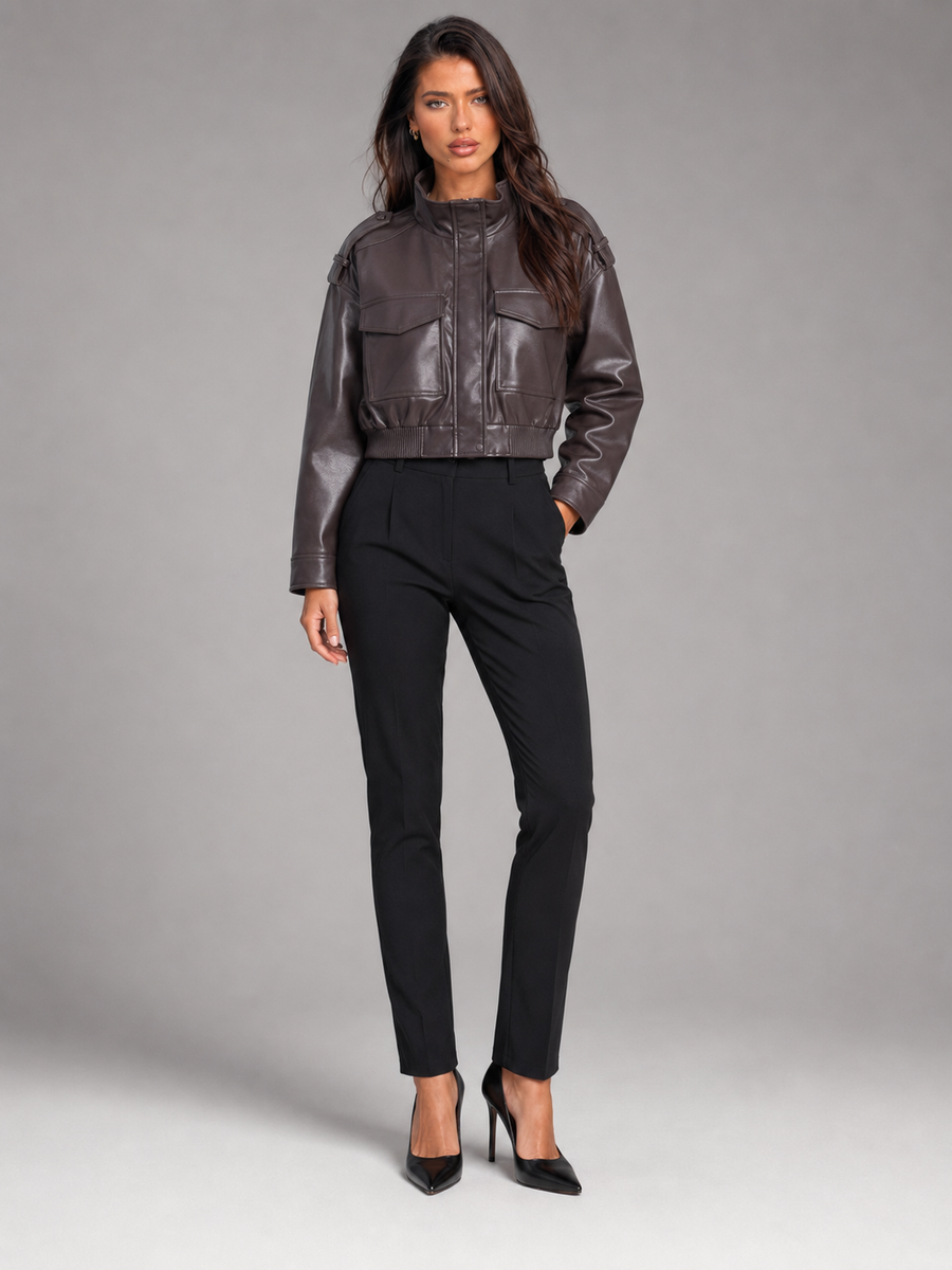 Women's short faux leather utility jacket with a mandarin collar