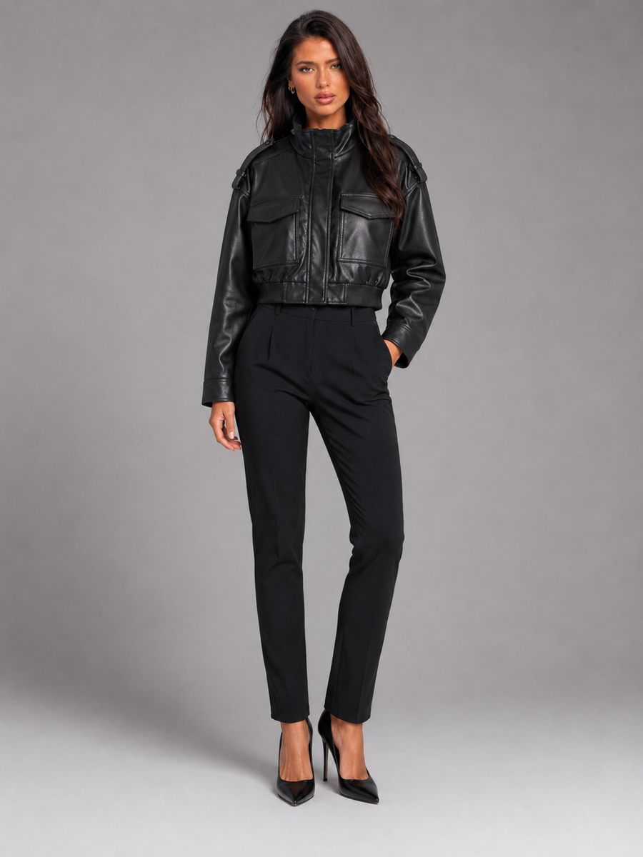 Women's short faux leather utility jacket with a mandarin collar