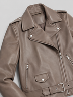 Women's oversized faux leather biker jacket with a belt