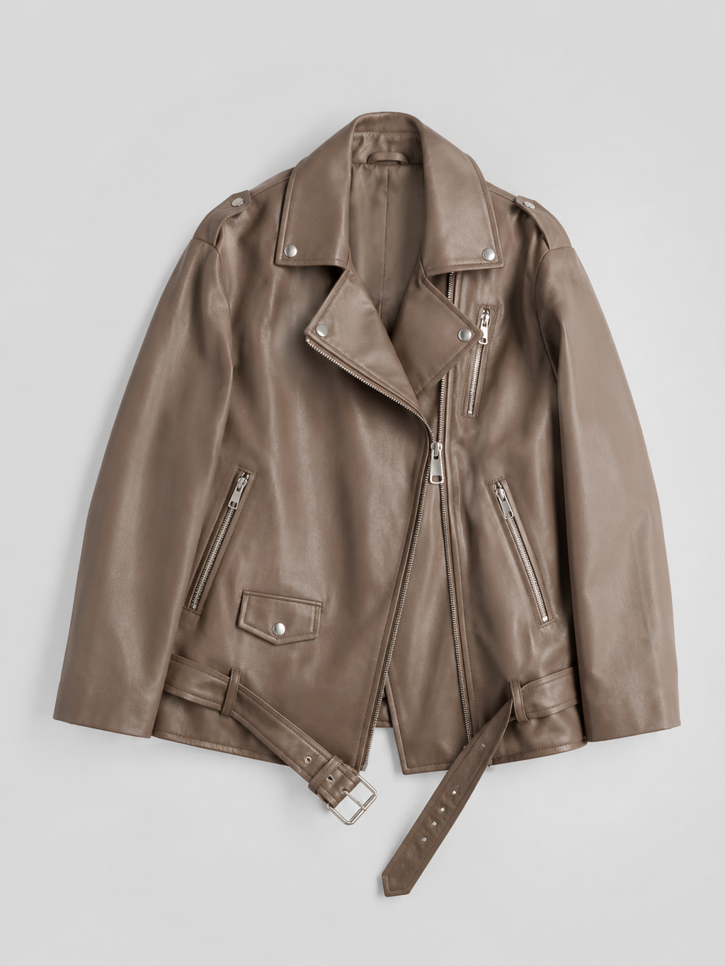 Women's oversized faux leather biker jacket with a belt