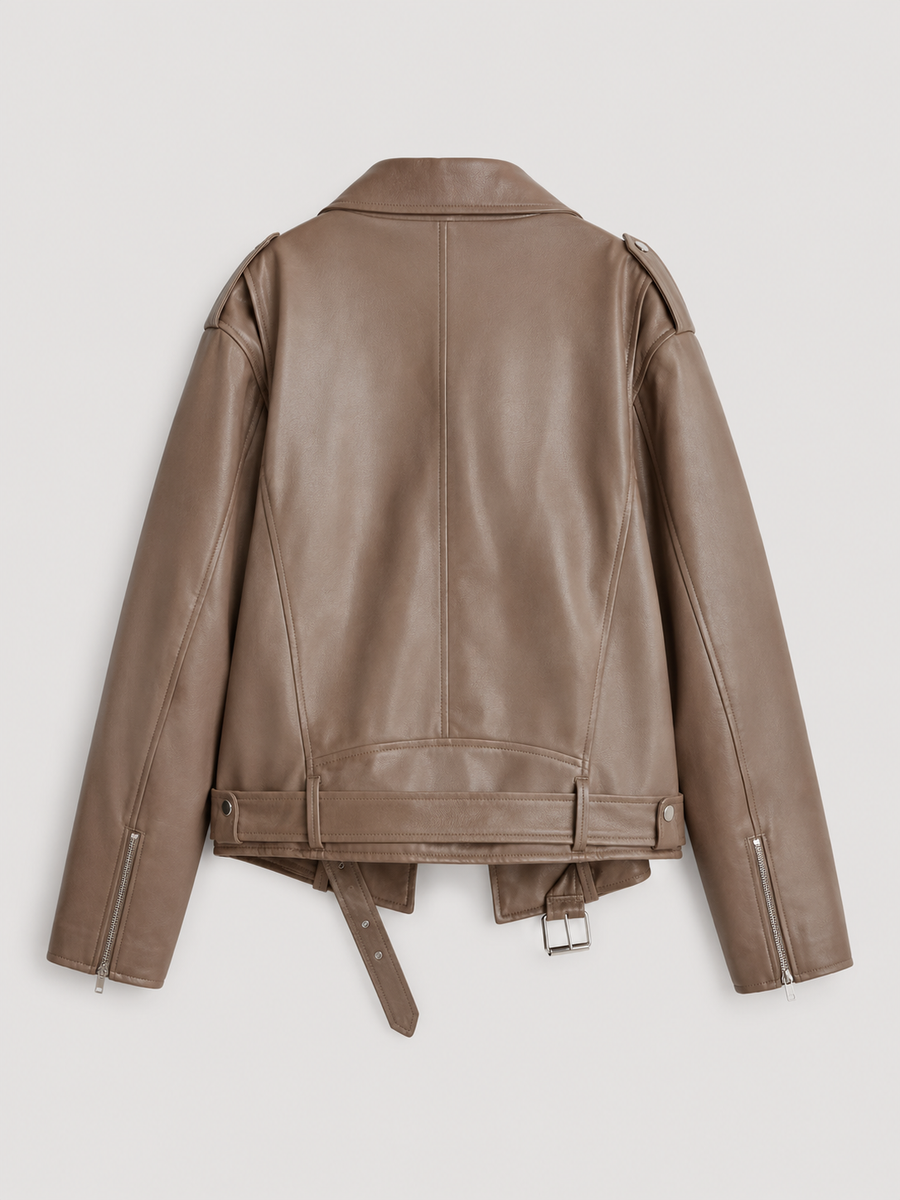 Women's oversized faux leather biker jacket with a belt