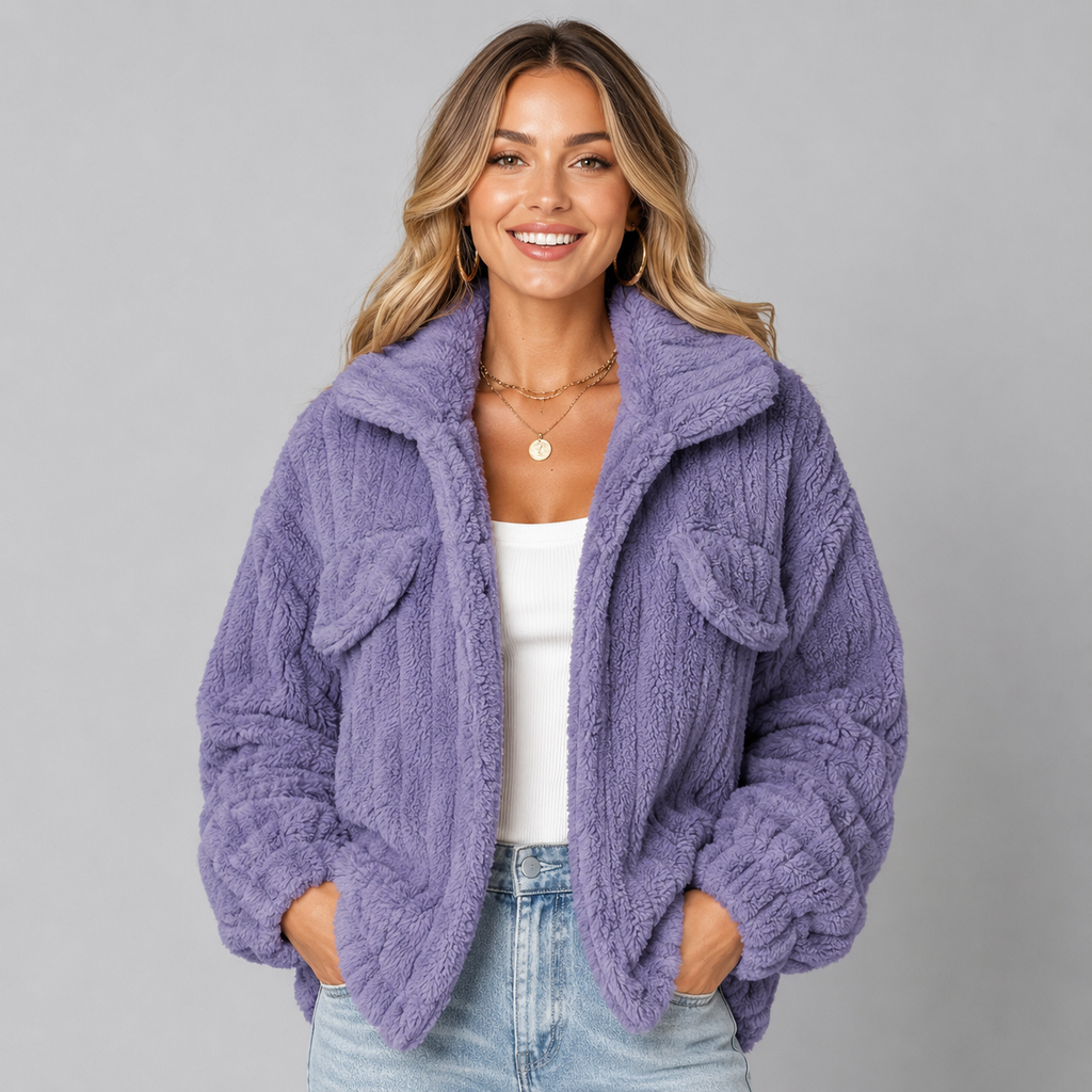 Women's collared zip-up borg teddy jacket