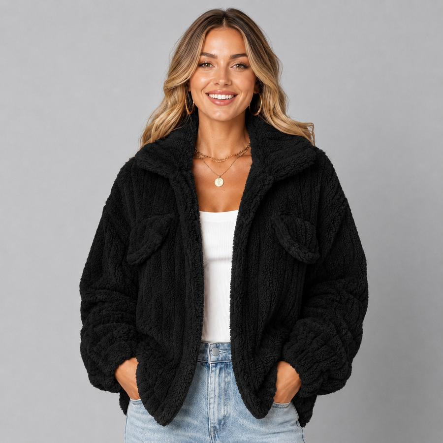 Women's collared zip-up borg teddy jacket