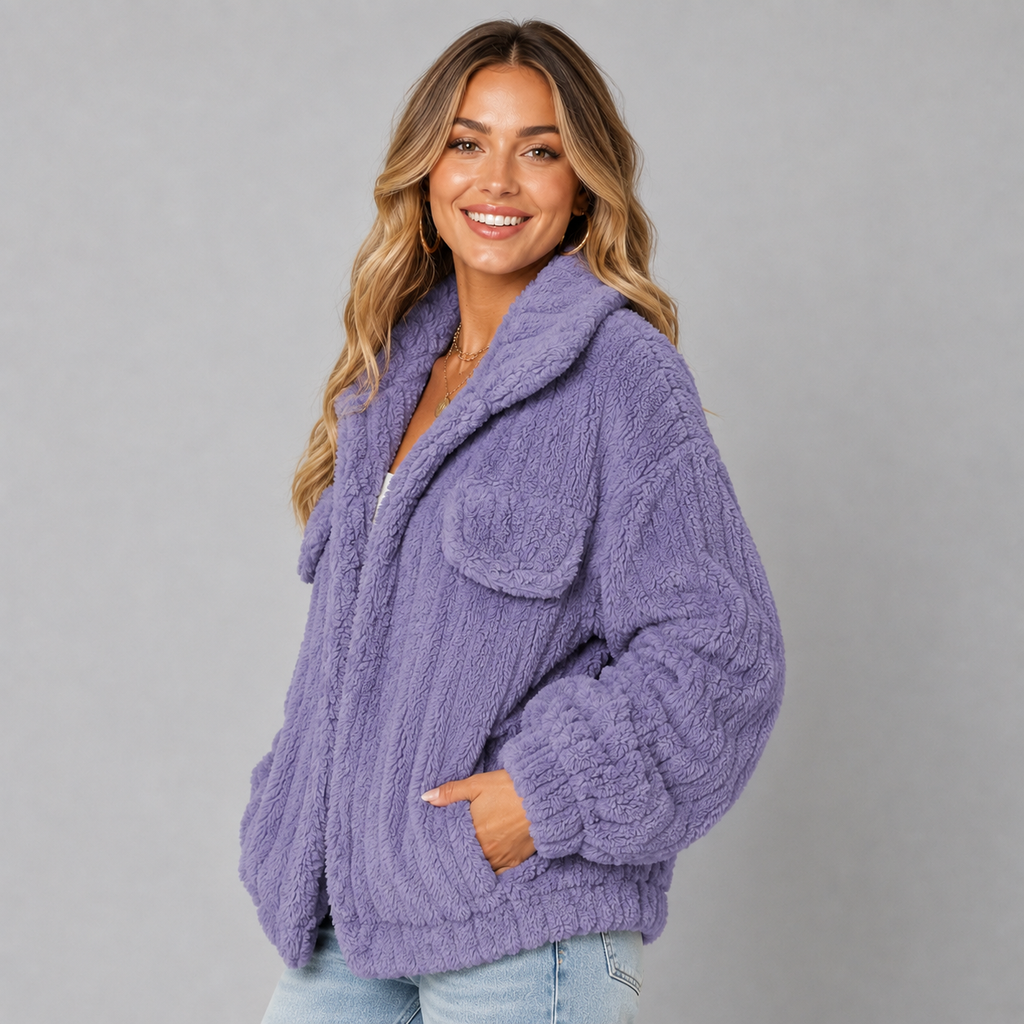 Women's collared zip-up borg teddy jacket