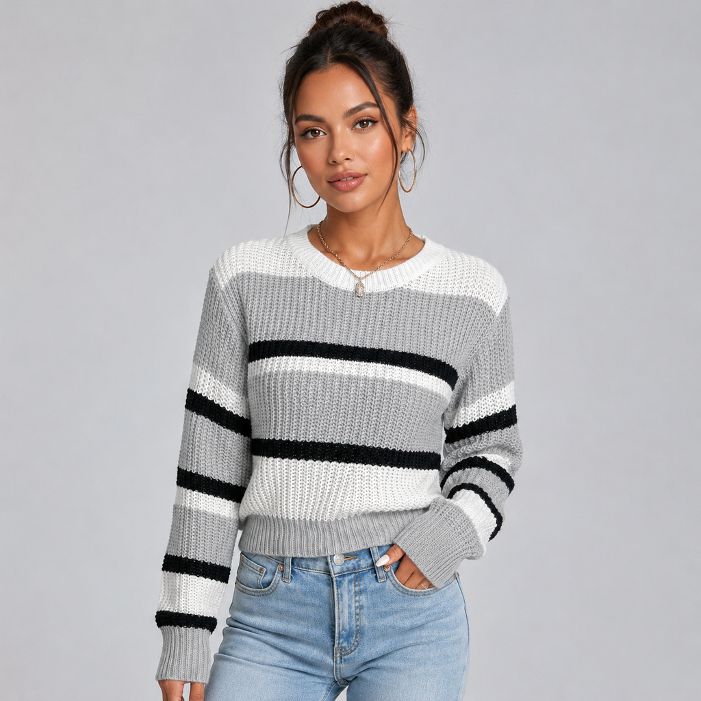Women's cropped striped round neck jumper