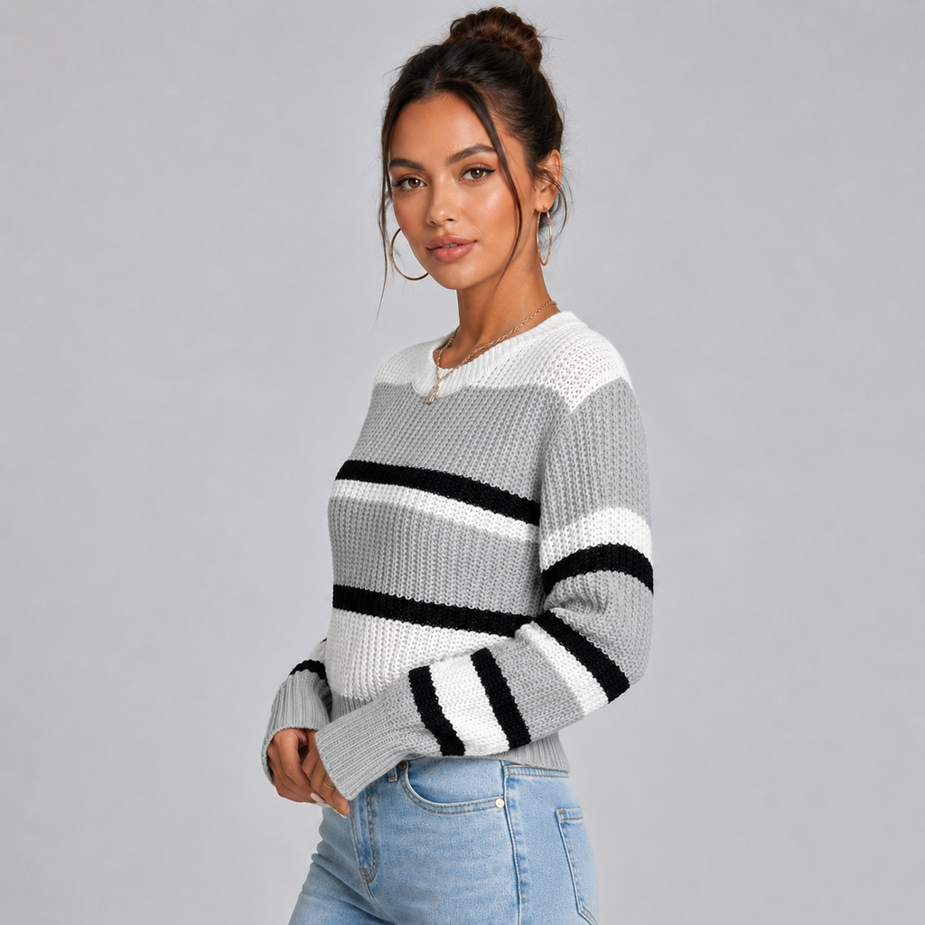 Women's cropped striped round neck jumper