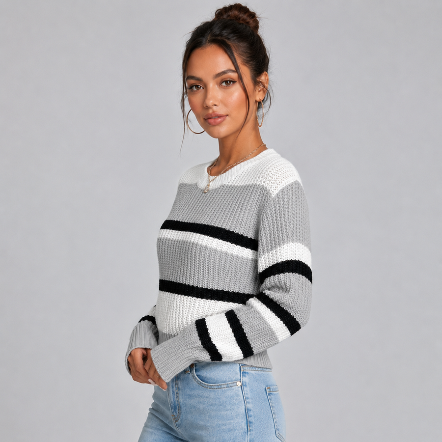 Women's cropped striped round neck jumper