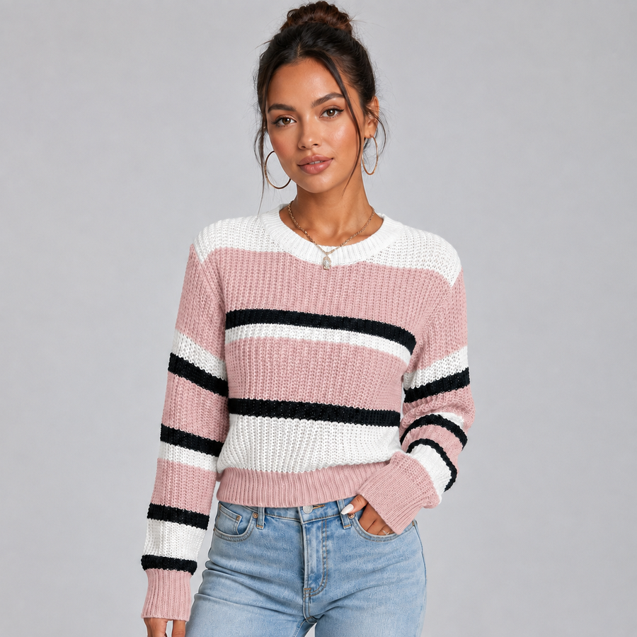 Women's cropped striped round neck jumper