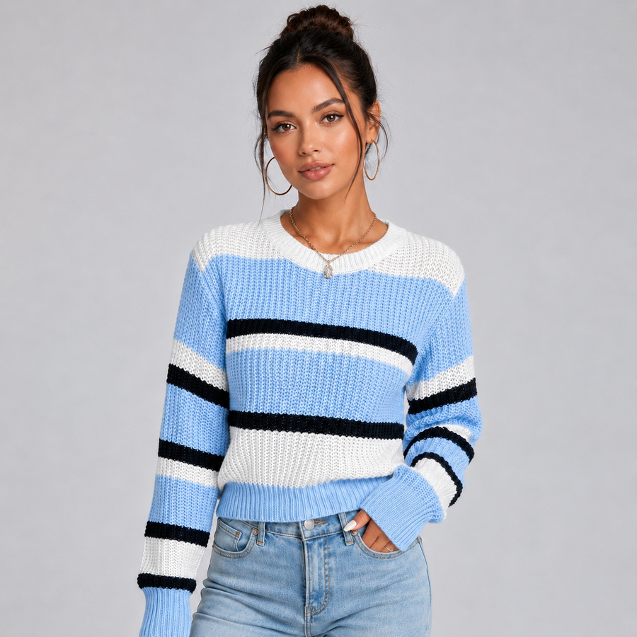 Women's cropped striped round neck jumper