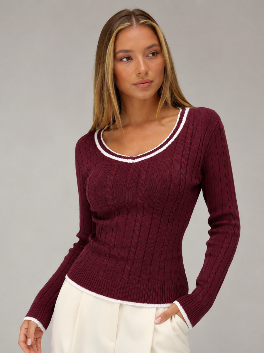 Women's V-neck jumper with contrast trim edging