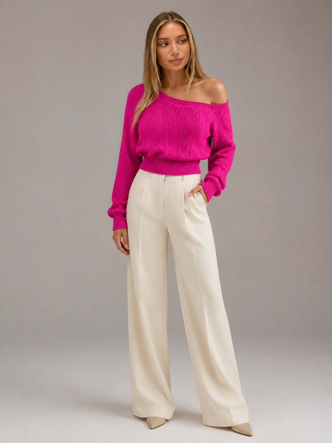 Women's off-shoulder cable knit jumper
