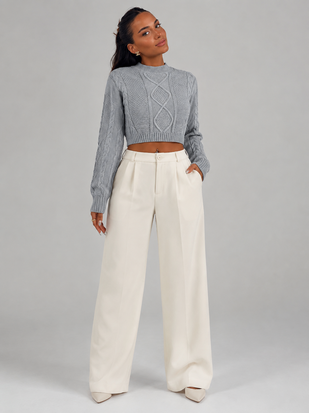 Women's cropped cable knit jumper with a mock neck