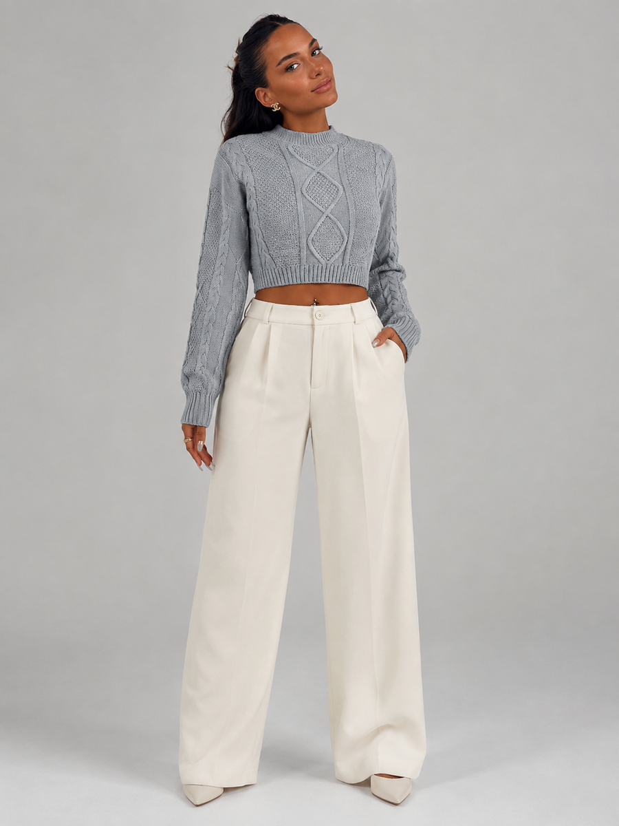 Women's cropped cable knit jumper with a mock neck