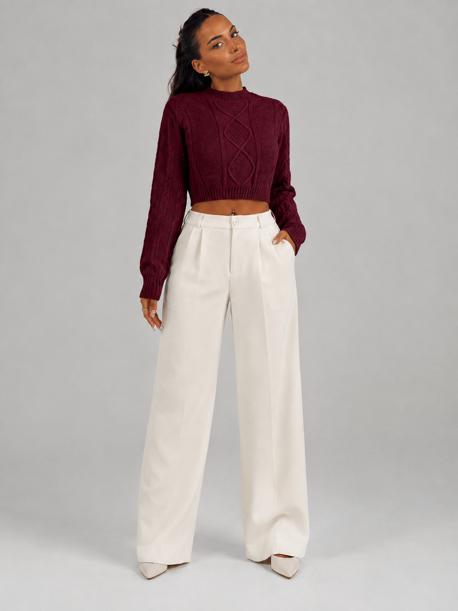 Women's cropped cable knit jumper with a mock neck