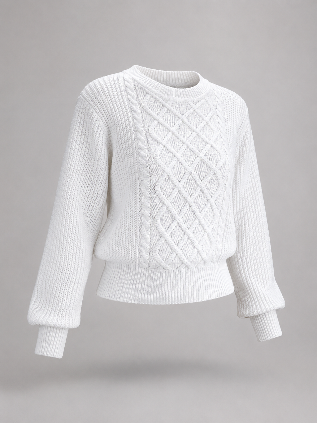 Women's cable knit jumper with lantern sleeves and a ribbed waist