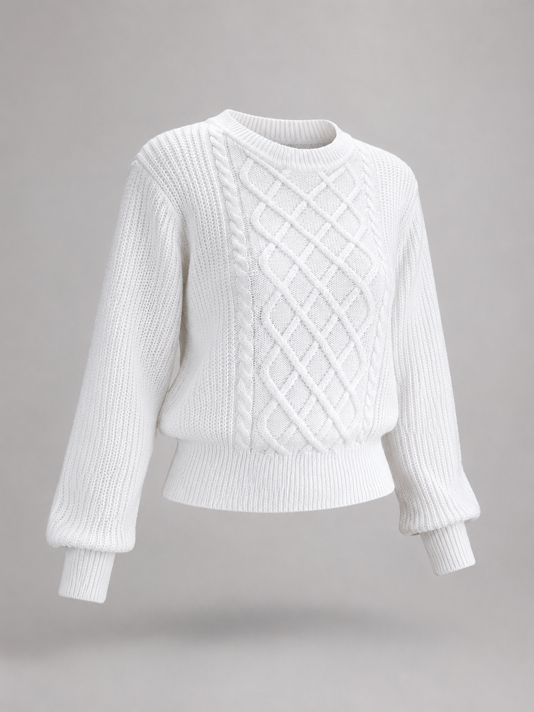 Women's cable knit jumper with lantern sleeves and a ribbed waist
