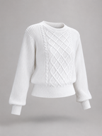 Women's cable knit jumper with lantern sleeves and a ribbed waist