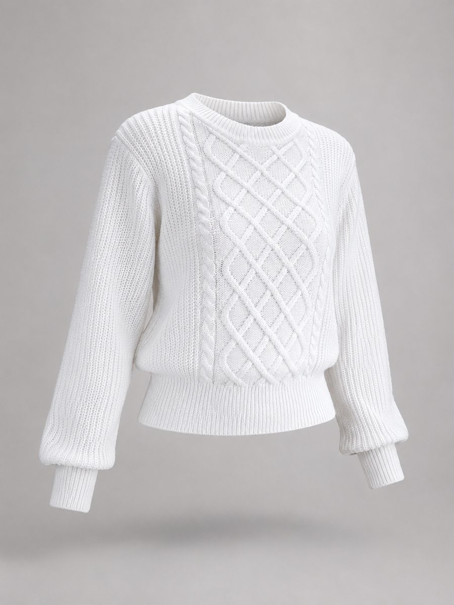 Women's cable knit jumper with lantern sleeves and a ribbed waist