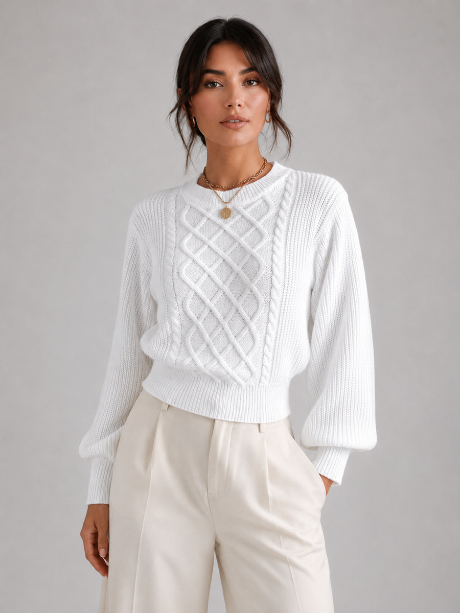 Women's cable knit jumper with lantern sleeves and a ribbed waist