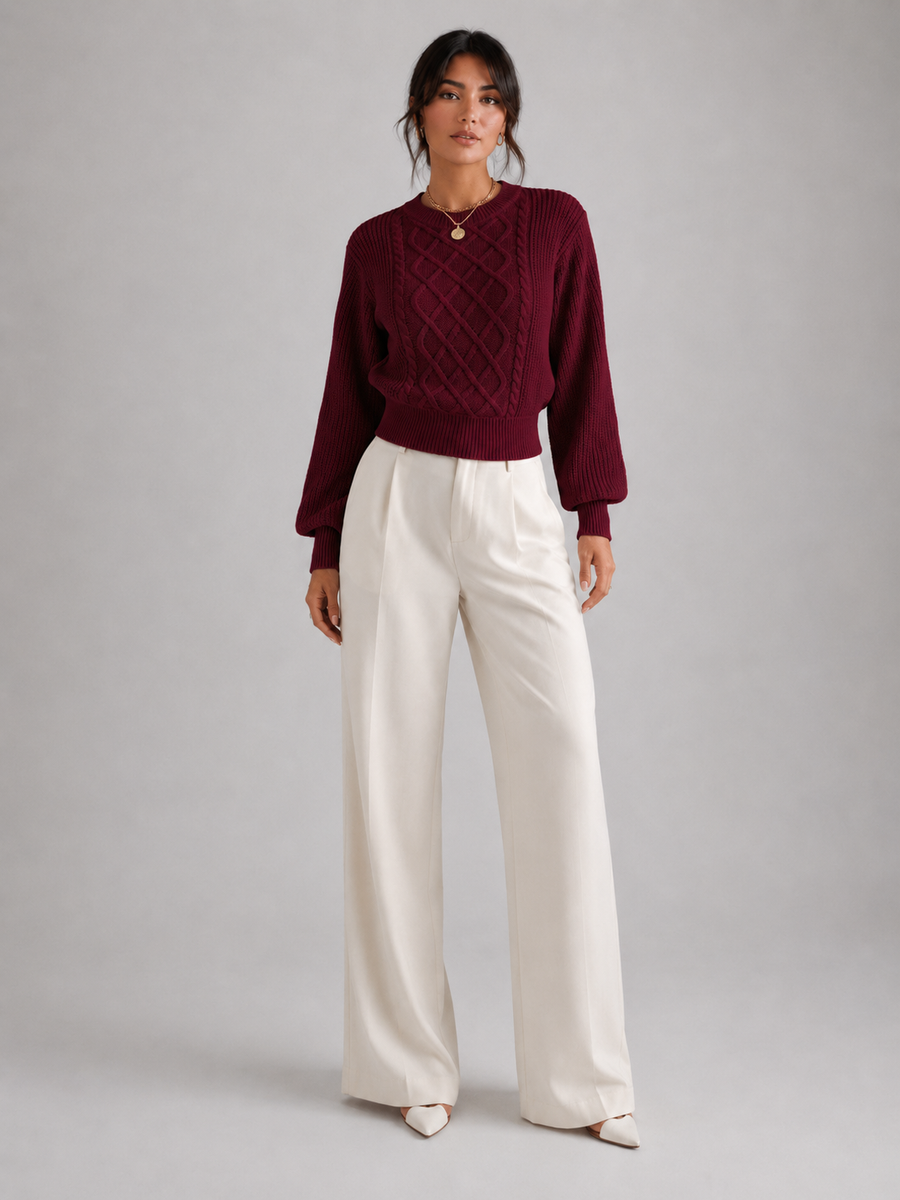 Women's cable knit jumper with lantern sleeves and a ribbed waist