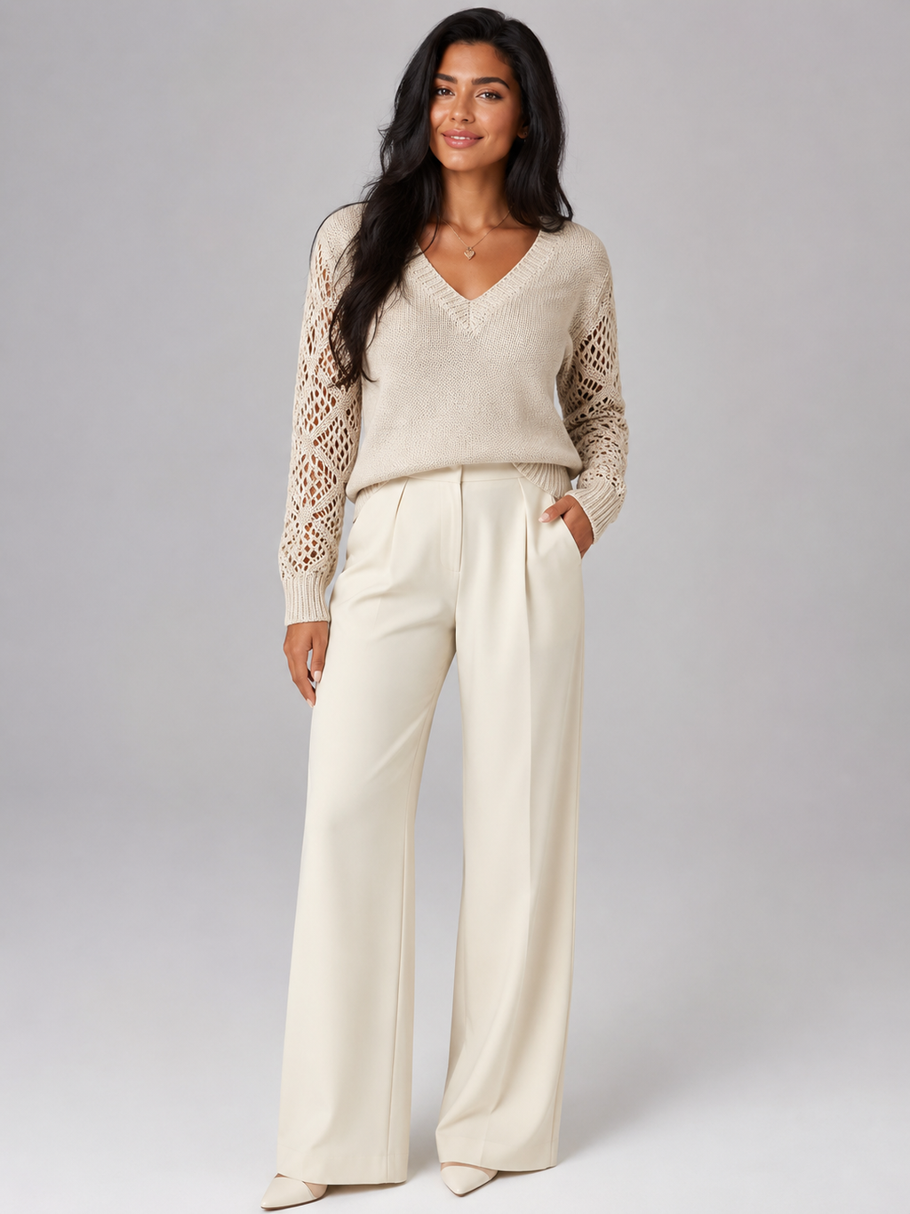 Women's open knit V-neck jumper in a relaxed fit