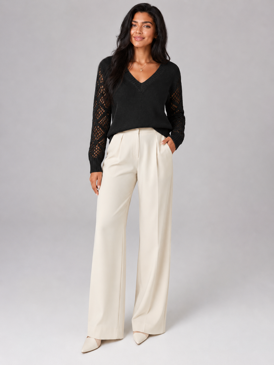 Women's open knit V-neck jumper in a relaxed fit