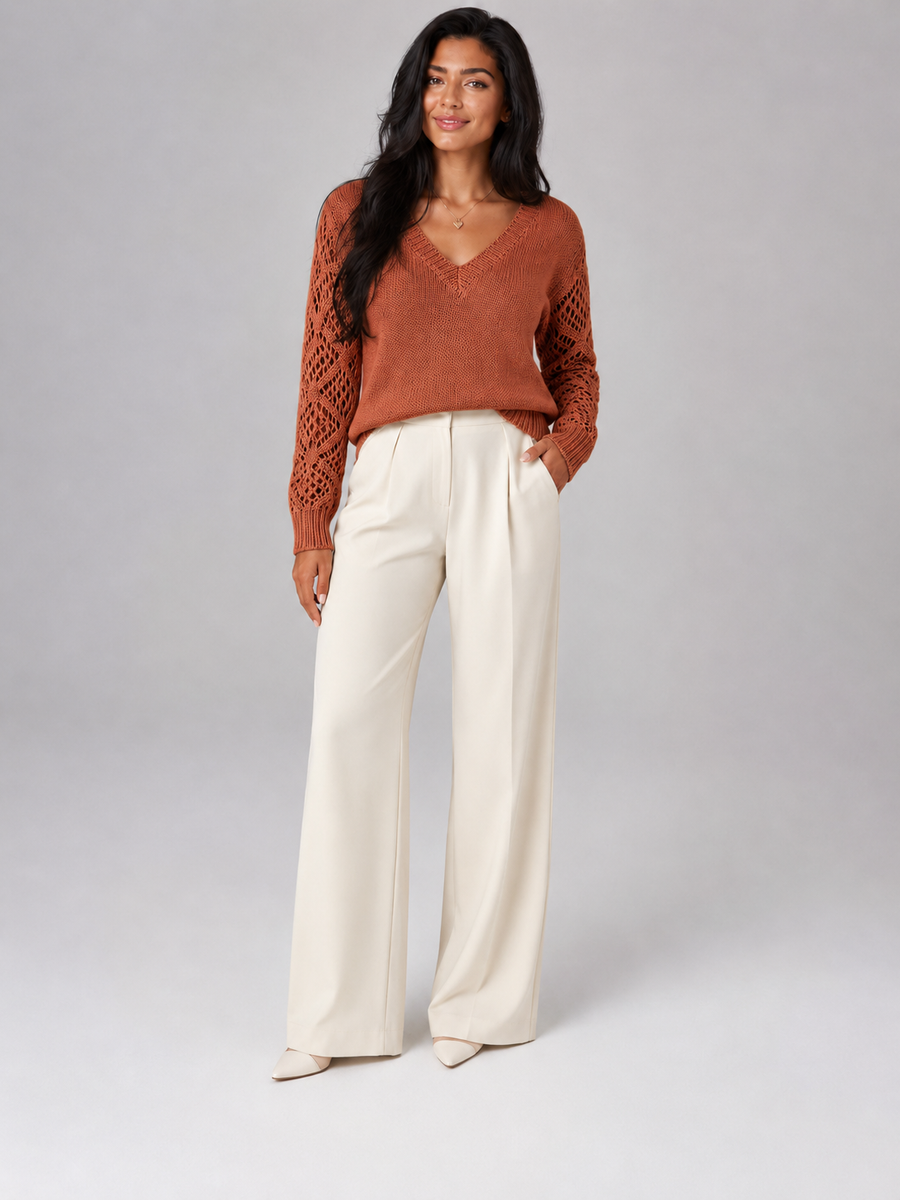 Women's open knit V-neck jumper in a relaxed fit