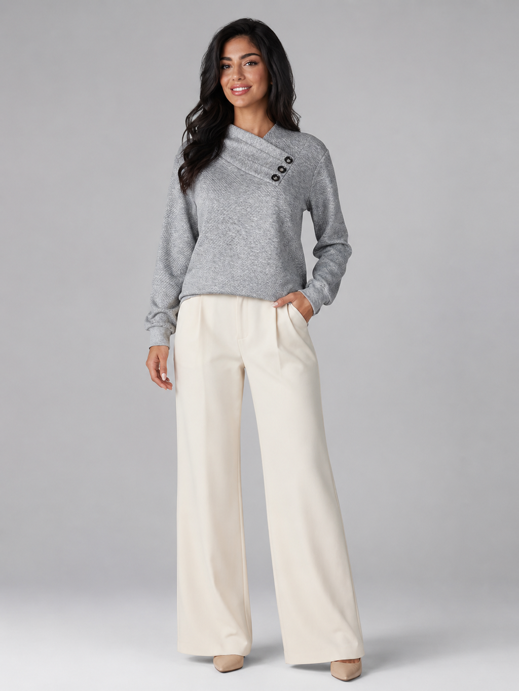 Women's textured jumper with an asymmetric shawl collar