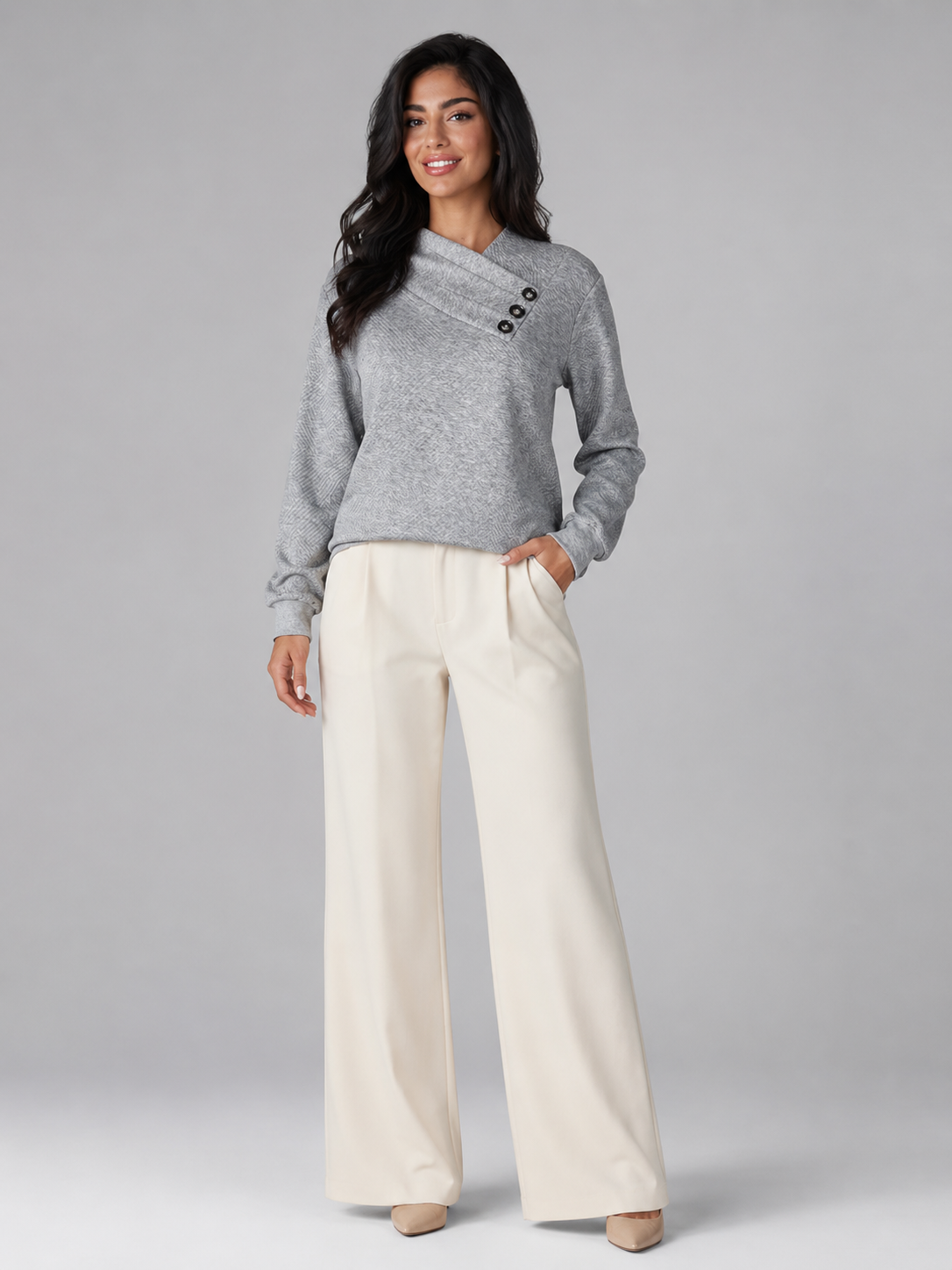 Women's textured jumper with an asymmetric shawl collar
