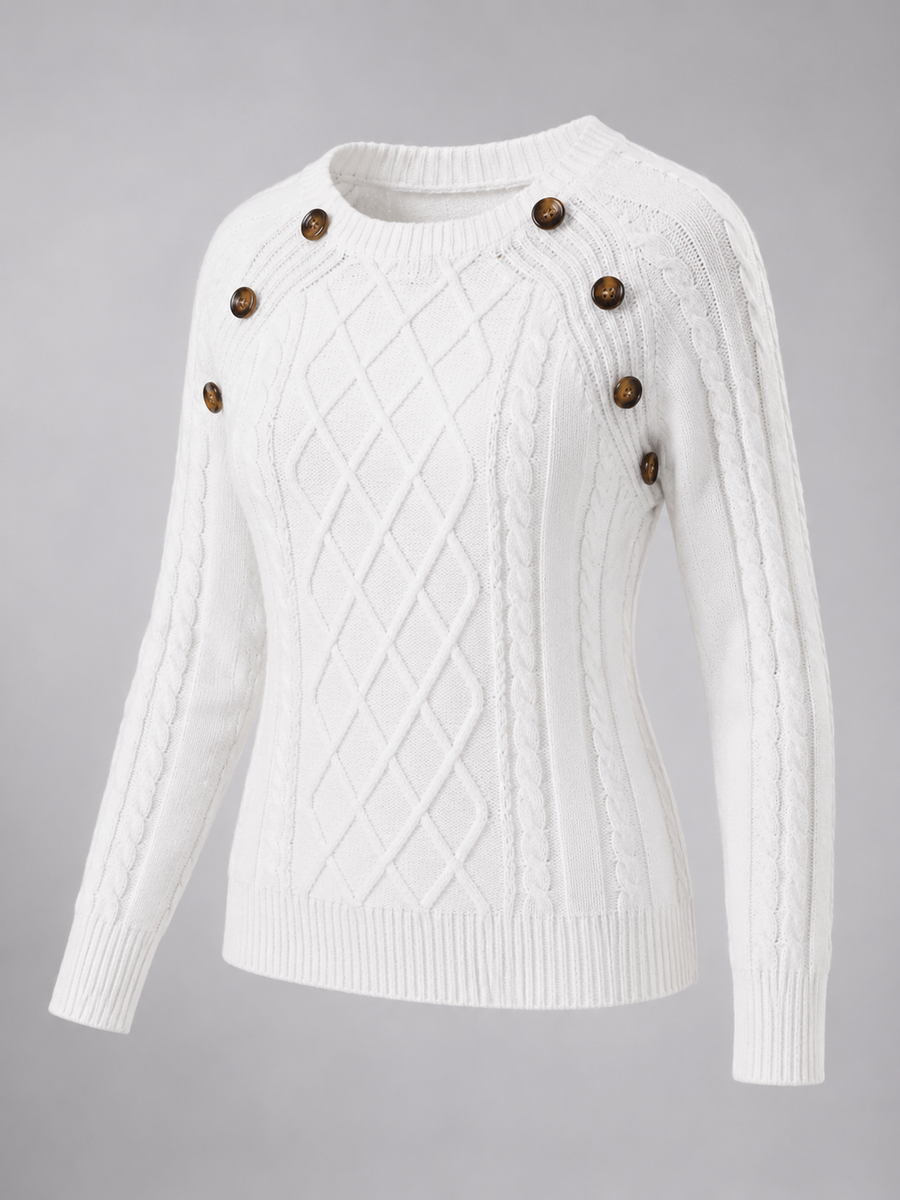 Women's cable knit jumper with buttons at the shoulder seam
