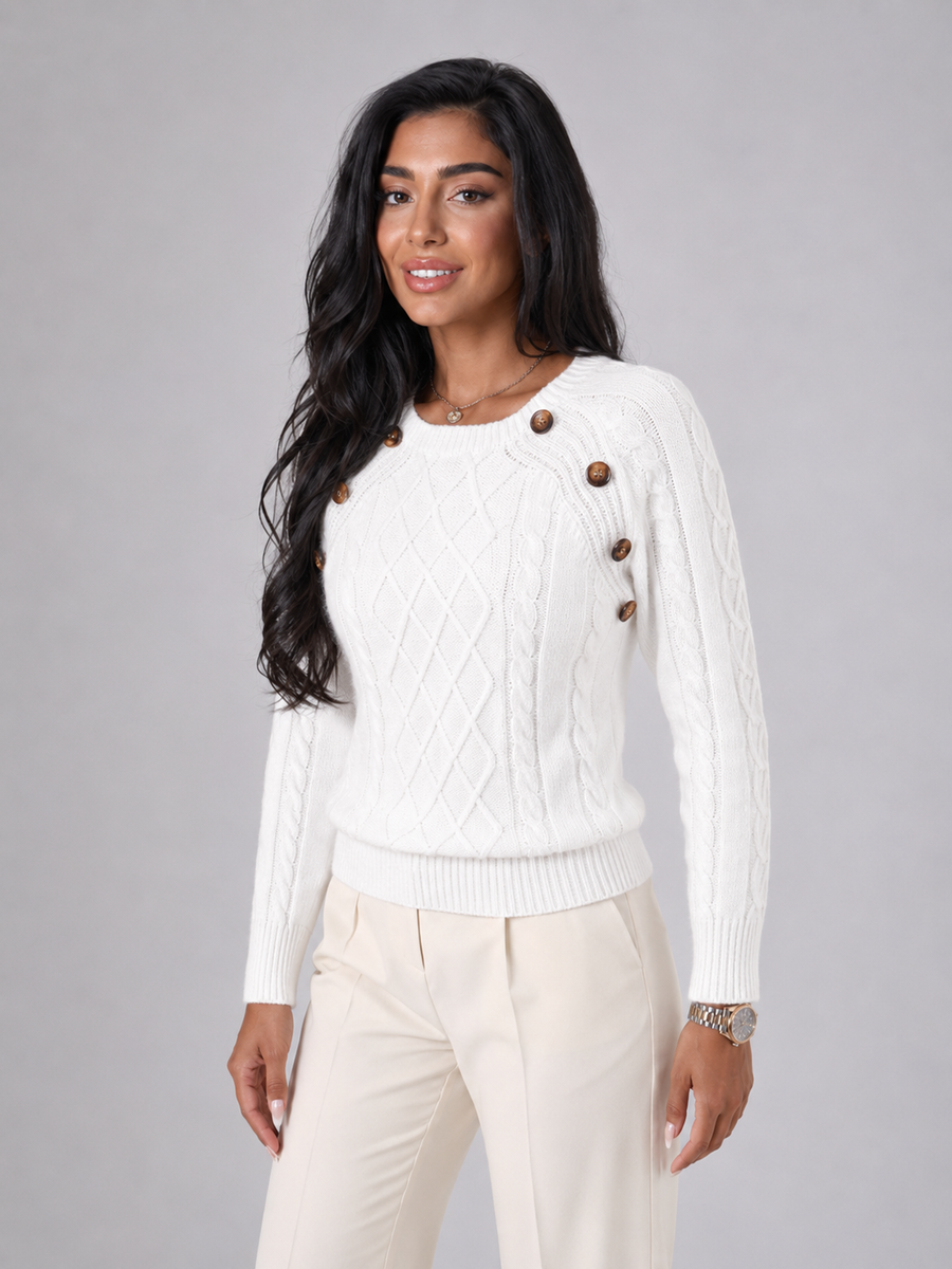 Women's cable knit jumper with buttons at the shoulder seam