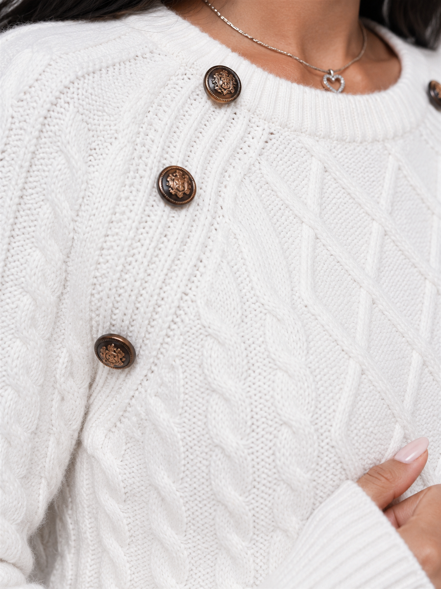 Women's cable knit jumper with buttons at the shoulder seam