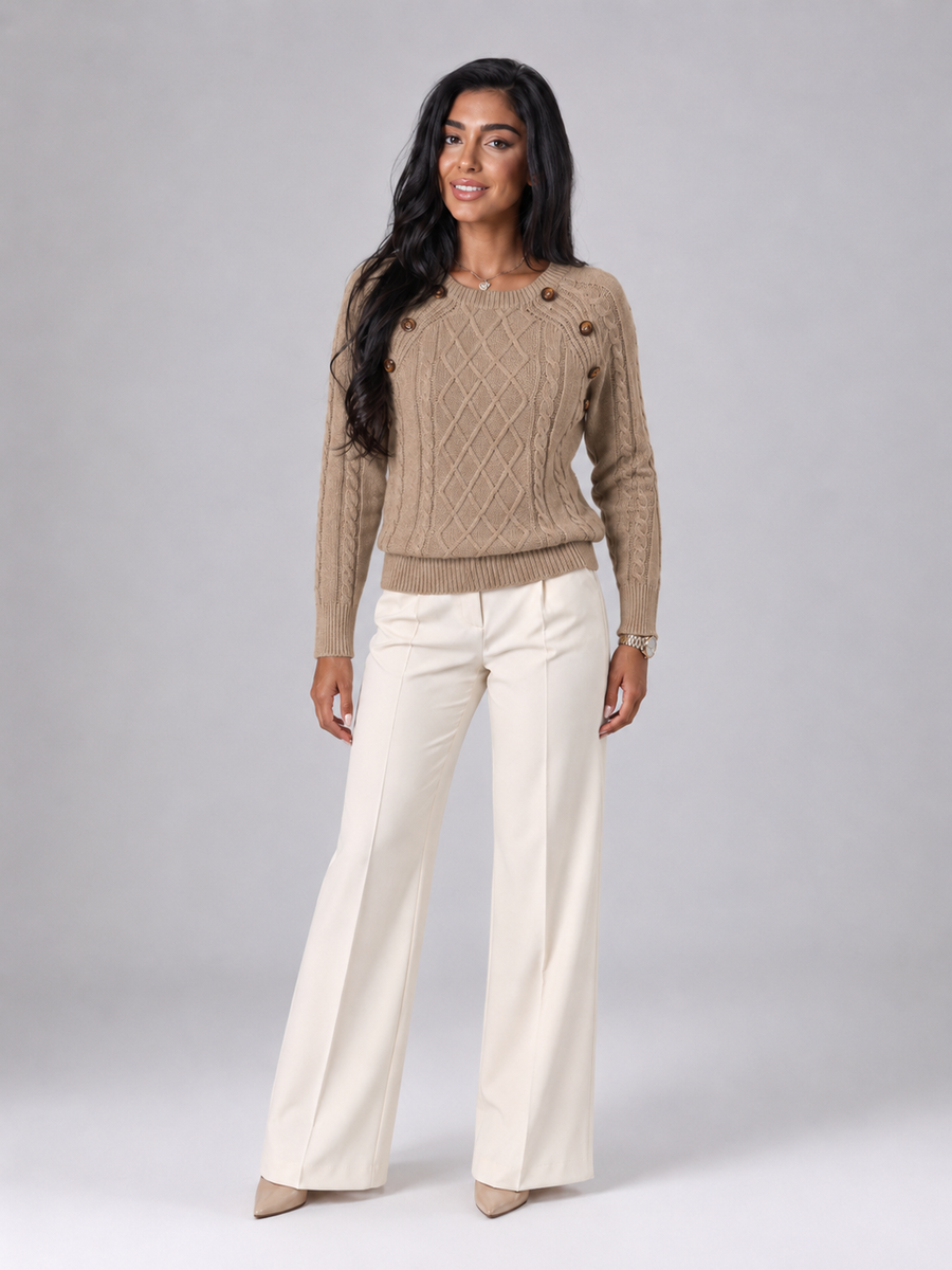 Women's cable knit jumper with buttons at the shoulder seam