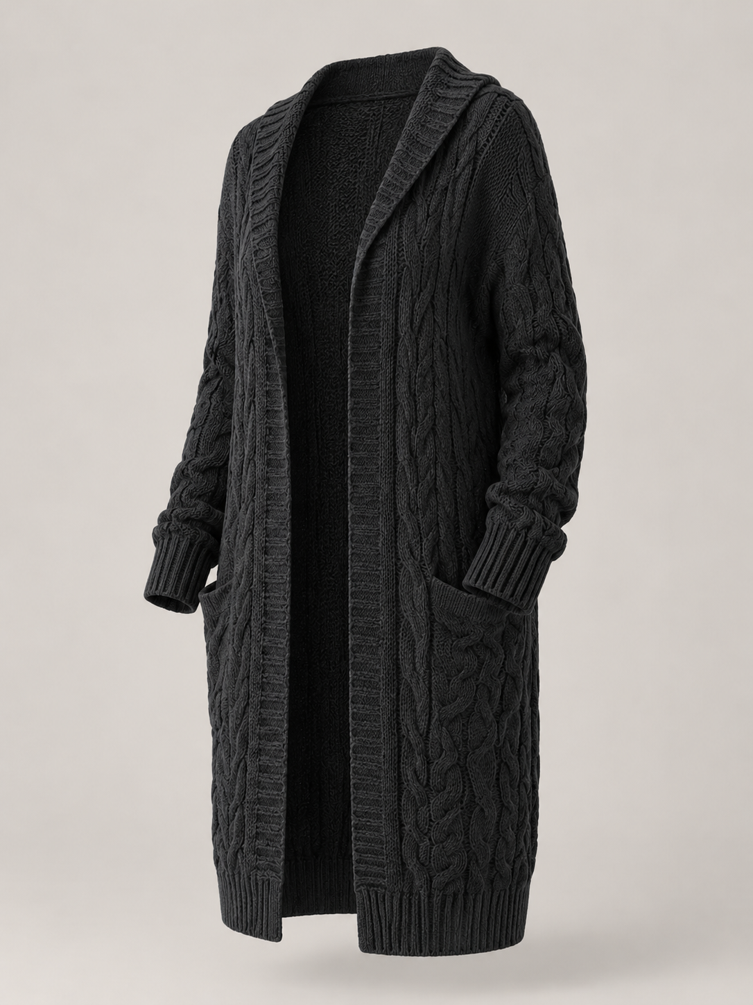Women's hooded longline cable knit cardigan with patch pockets