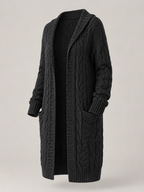 Women's hooded longline cable knit cardigan with patch pockets