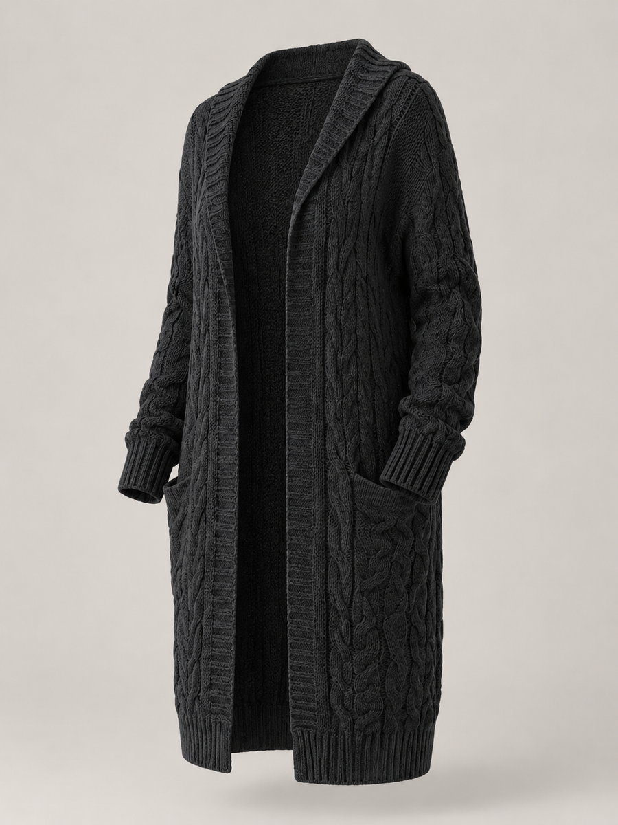 Women's hooded longline cable knit cardigan with patch pockets