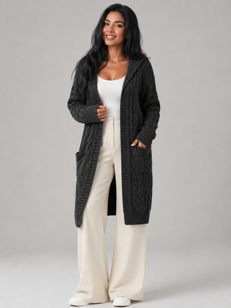Women's hooded longline cable knit cardigan with patch pockets