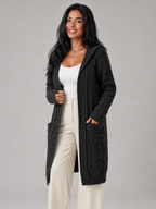 Women's hooded longline cable knit cardigan with patch pockets