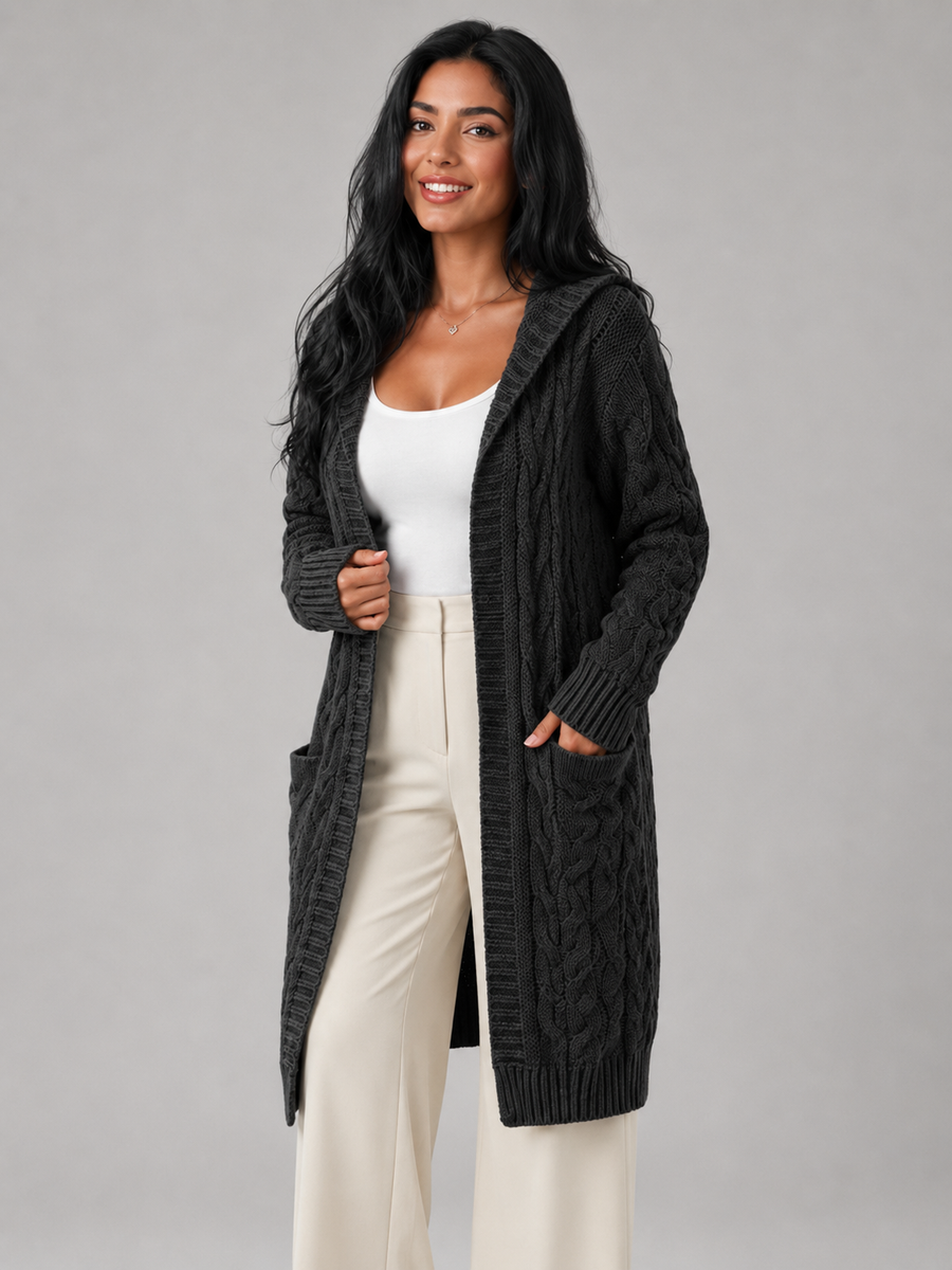 Women's hooded longline cable knit cardigan with patch pockets