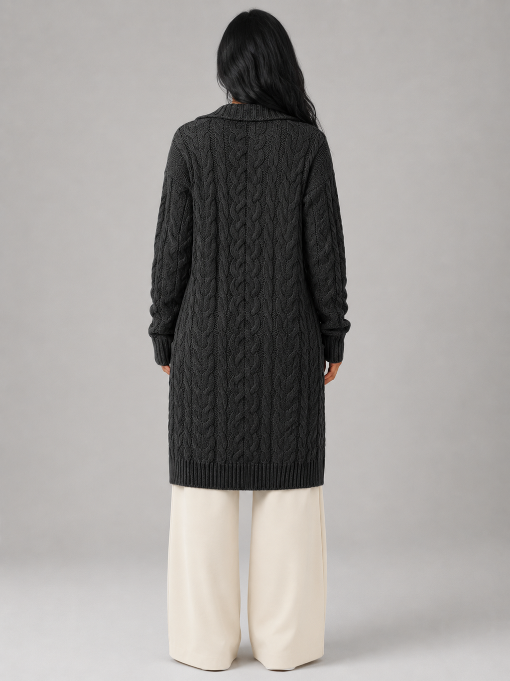 Women's hooded longline cable knit cardigan with patch pockets