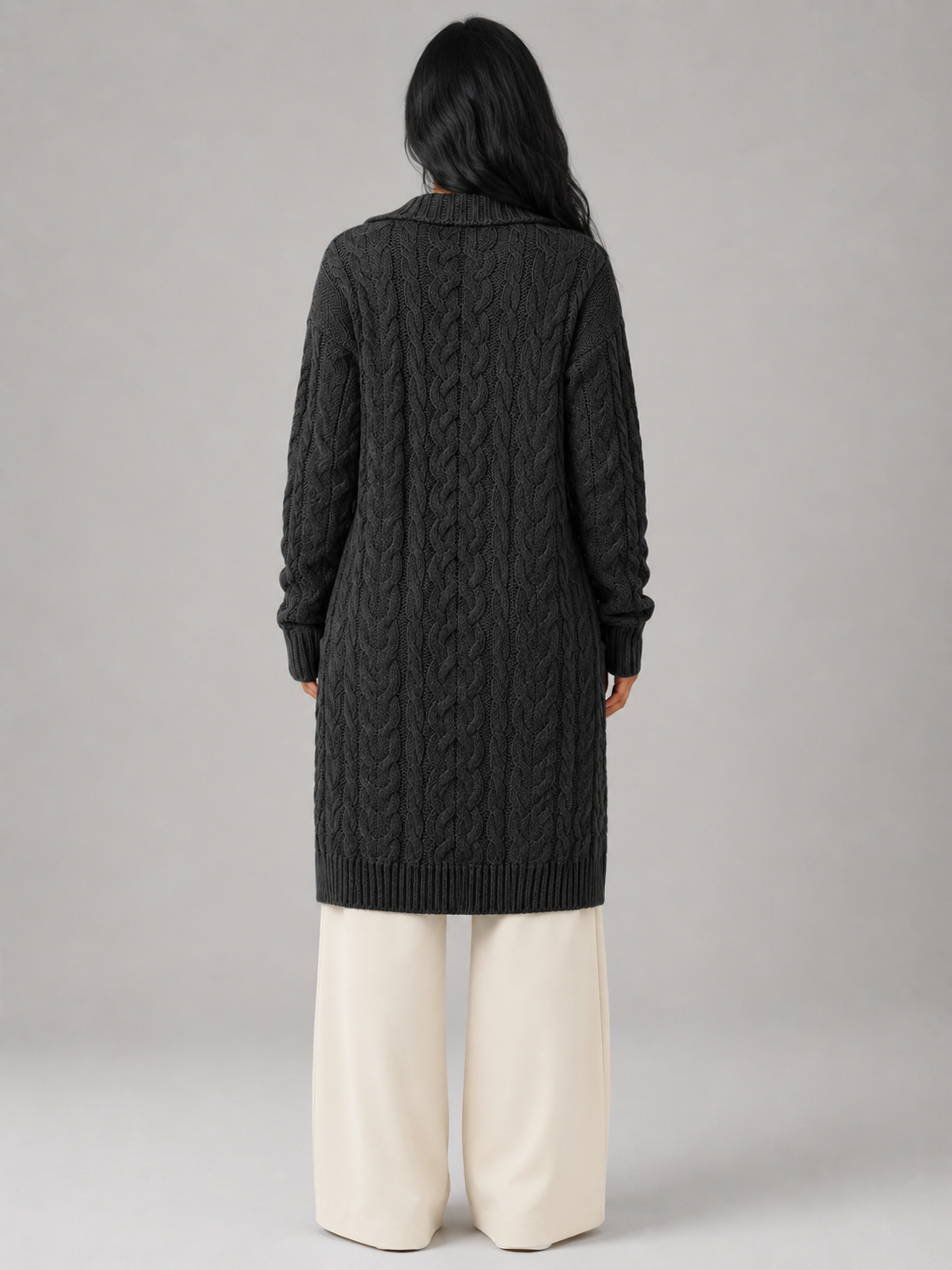 Women's hooded longline cable knit cardigan with patch pockets