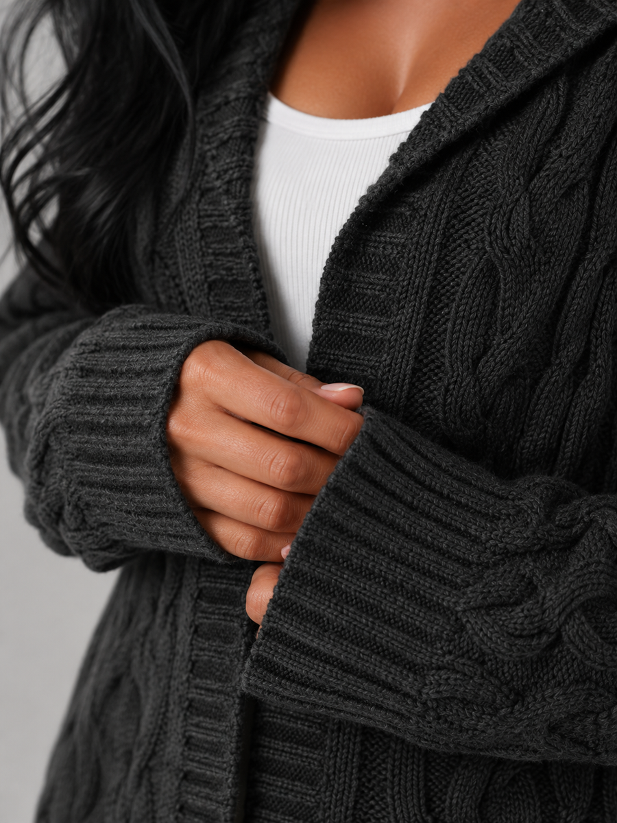Women's hooded longline cable knit cardigan with patch pockets