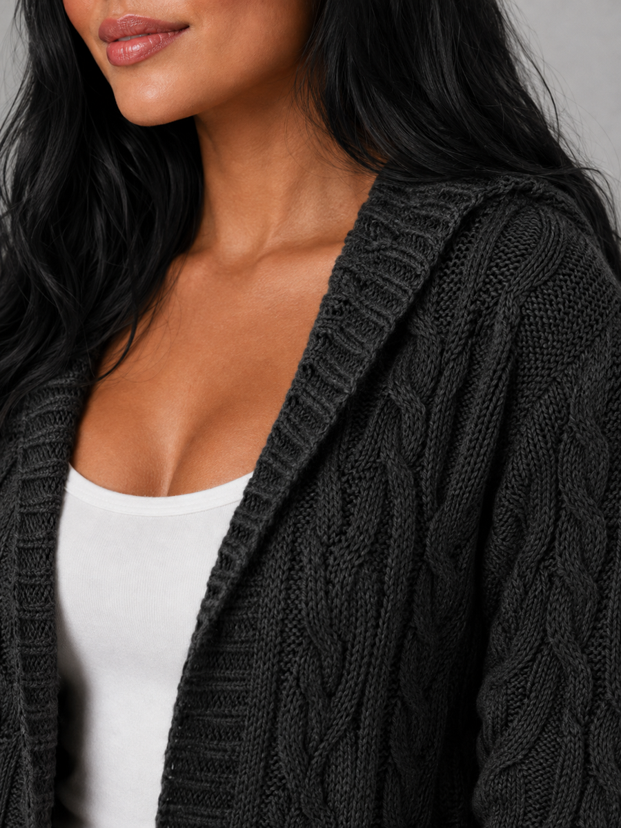 Women's hooded longline cable knit cardigan with patch pockets
