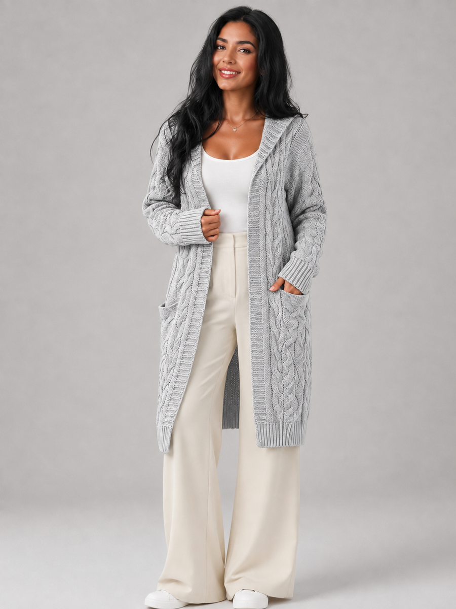 Women's hooded longline cable knit cardigan with patch pockets