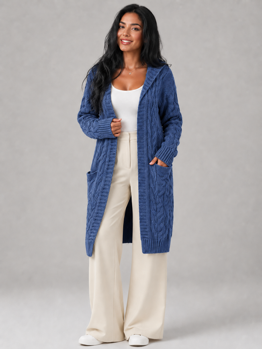 Women's hooded longline cable knit cardigan with patch pockets