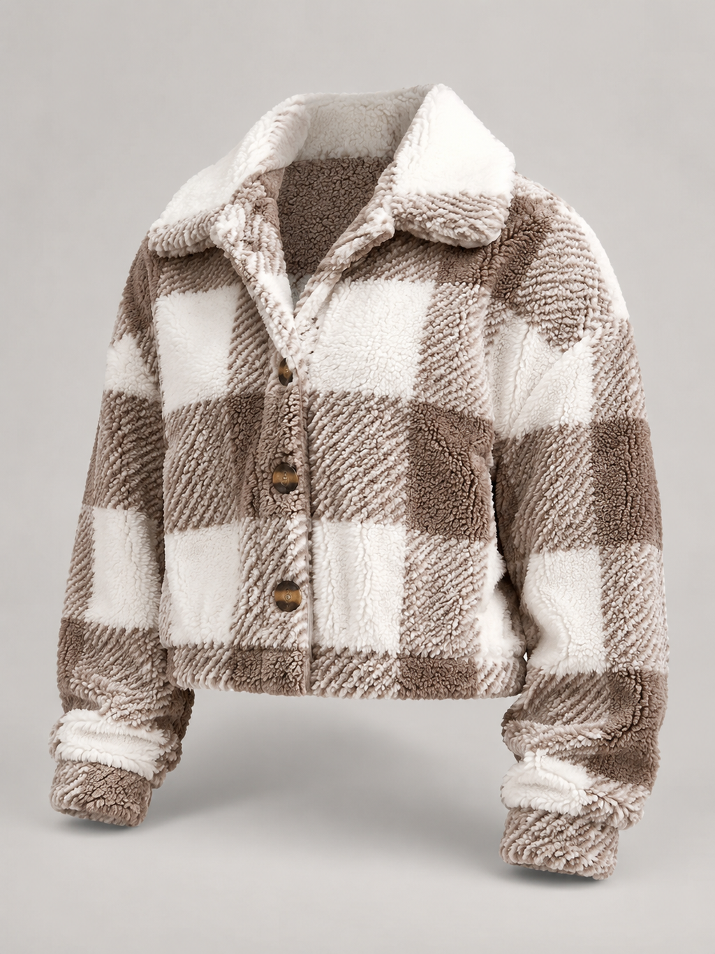 Women's cropped sherpa jacket in a buffalo check with a button front