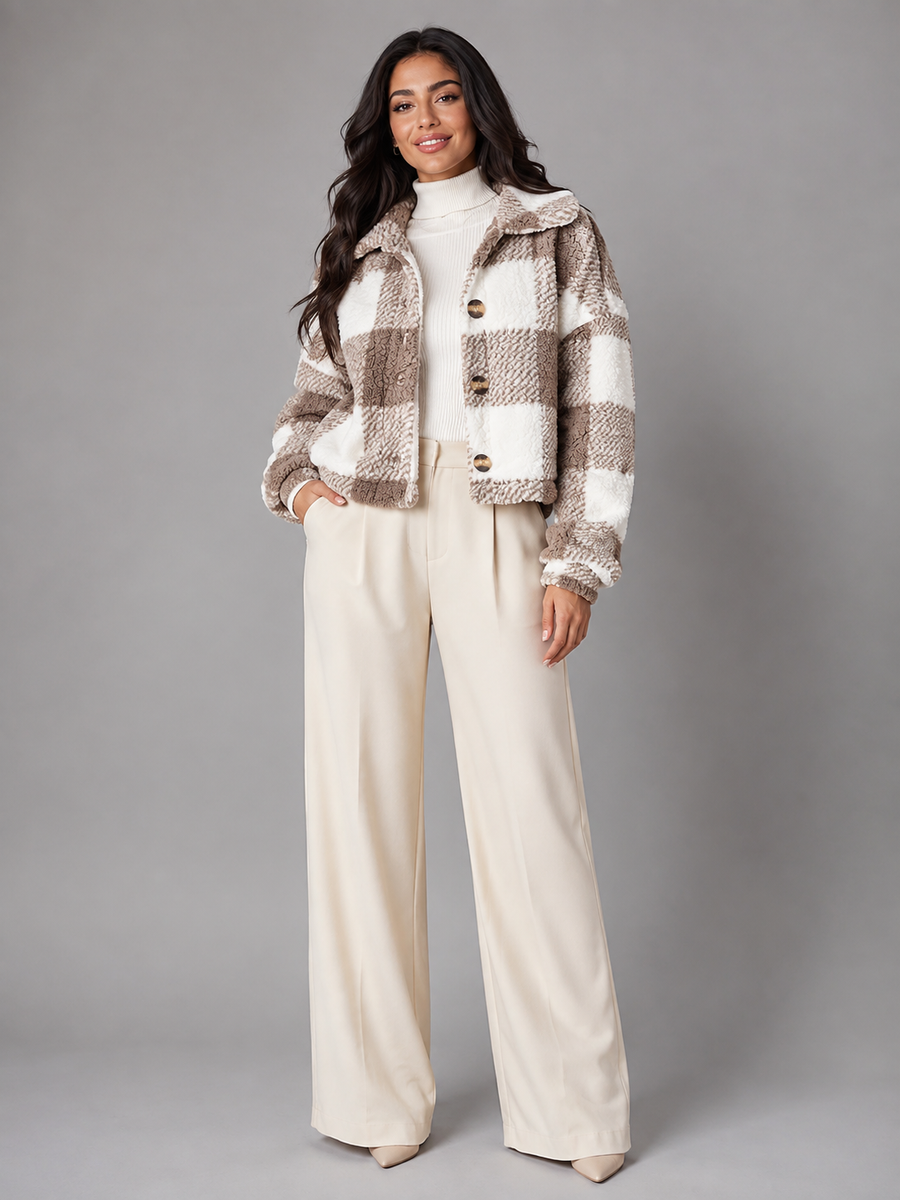Women's cropped sherpa jacket in a buffalo check with a button front