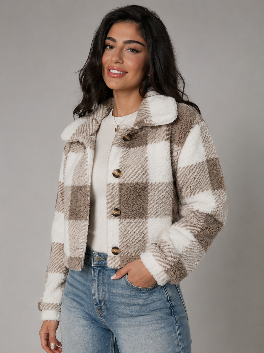 Women's cropped sherpa jacket in a buffalo check with a button front