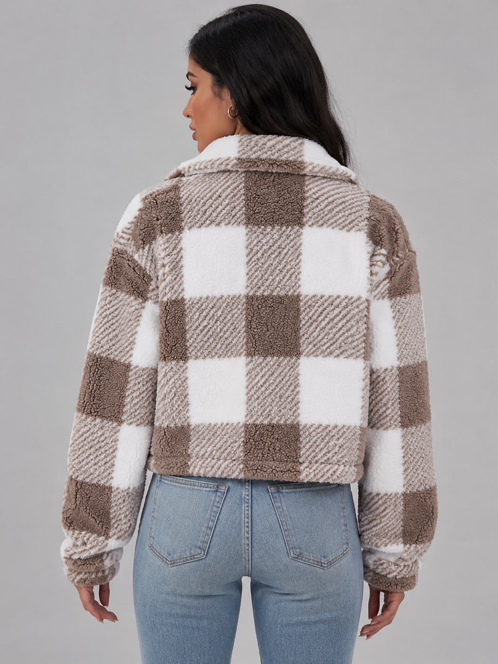 Women's cropped sherpa jacket in a buffalo check with a button front